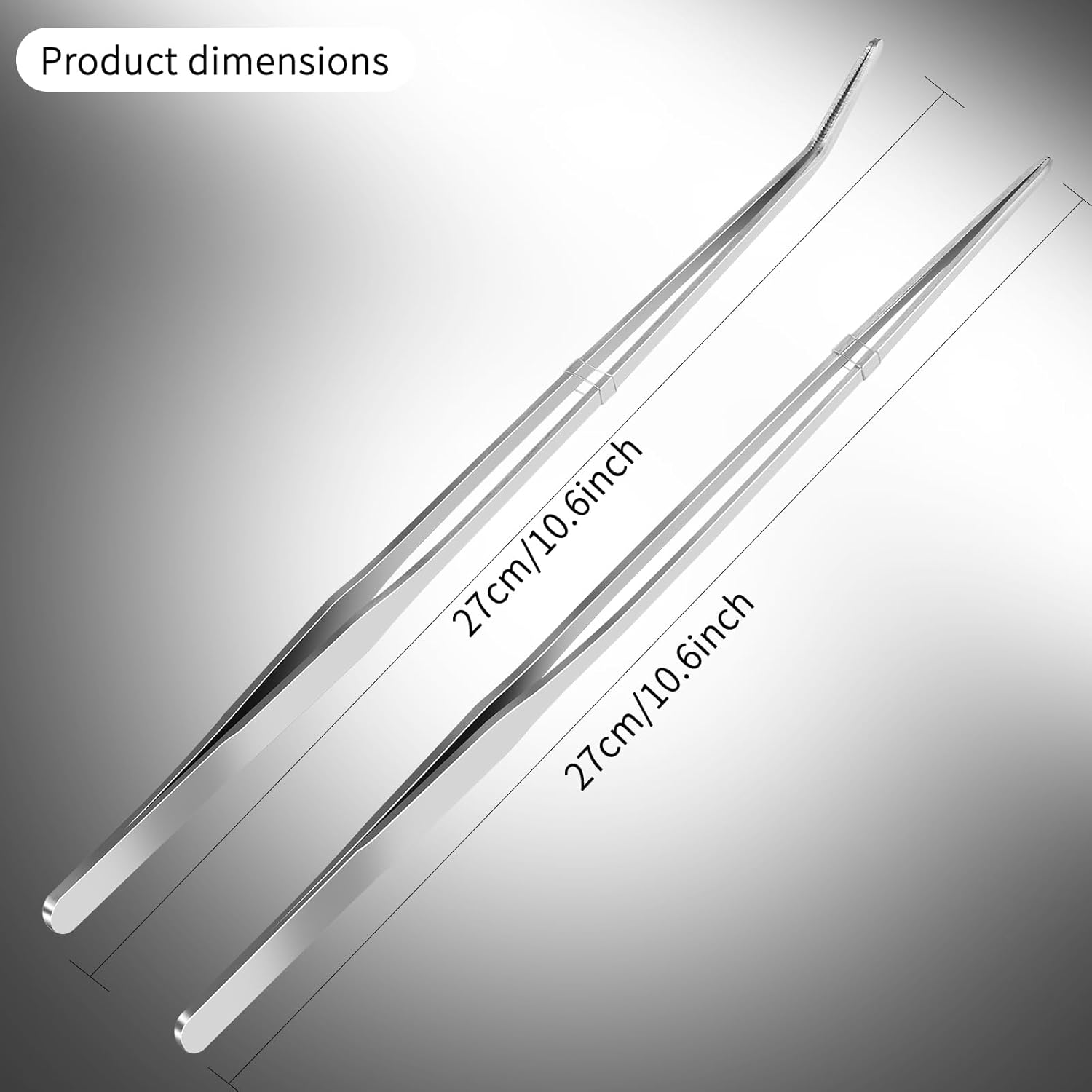 2pc-10.6"Aquarium Tweezers,Stainless Steel Straight and Curved Tweezers Set,Long Handle Reptile Feeding Tongs for Lizards, Bearded Dragon Snake Tank Accessories (Silver)