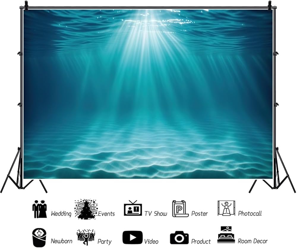 Renaiss 10x7ft Underwater Sunlight Backdrop Deep Ocean Sun Ray Background for Photography Undersea Blue Water Seabed Tropical Summer Holiday Hawaiian Luau Birthday Party Decors Photo Booth Props