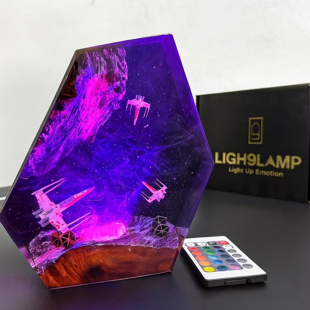 Galaxy Space Resin Lamp – Resin Art Night Light with 16 Color LED, USB Powered Desk Lamp with Wooden Base & Remote,Handmade Gift for Christmas, New Year