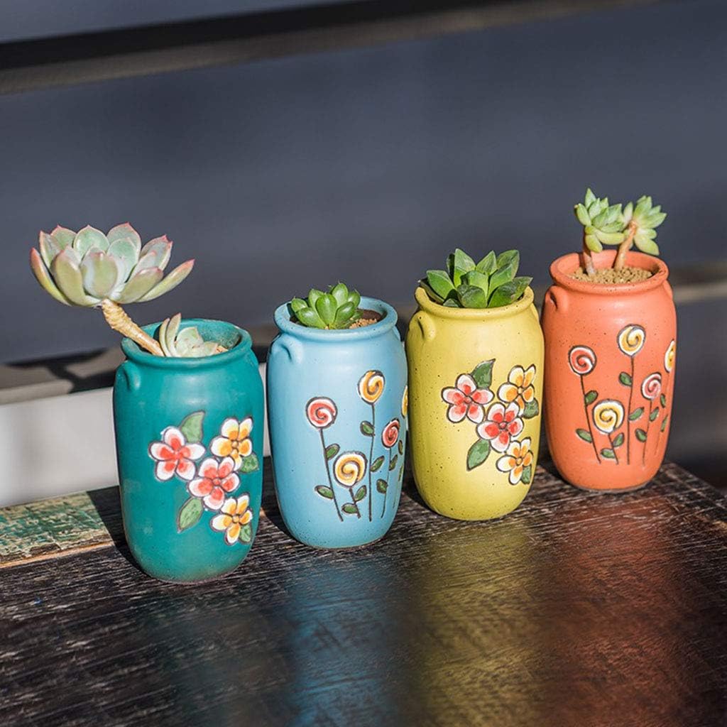 2.5 Inch Hand Painted Round Succulent Cactus Planter Pot Clay Pot Ceramic Plant Pot with Drainage Hole and Saucer Set of 4 (Green Yellow Orange Blue)
