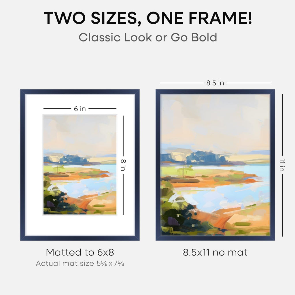 Homeforia 8.5x11 Navy Blue Frame, High End Metal 8.5 x 11 Picture Frames with Mat 6 by 8 inch Photo, 11x8.5 Poster Frame Matted to 6x8 Print, Wall or Tabletop Frame, Tempered Glass, Wall Kit, Set of 1