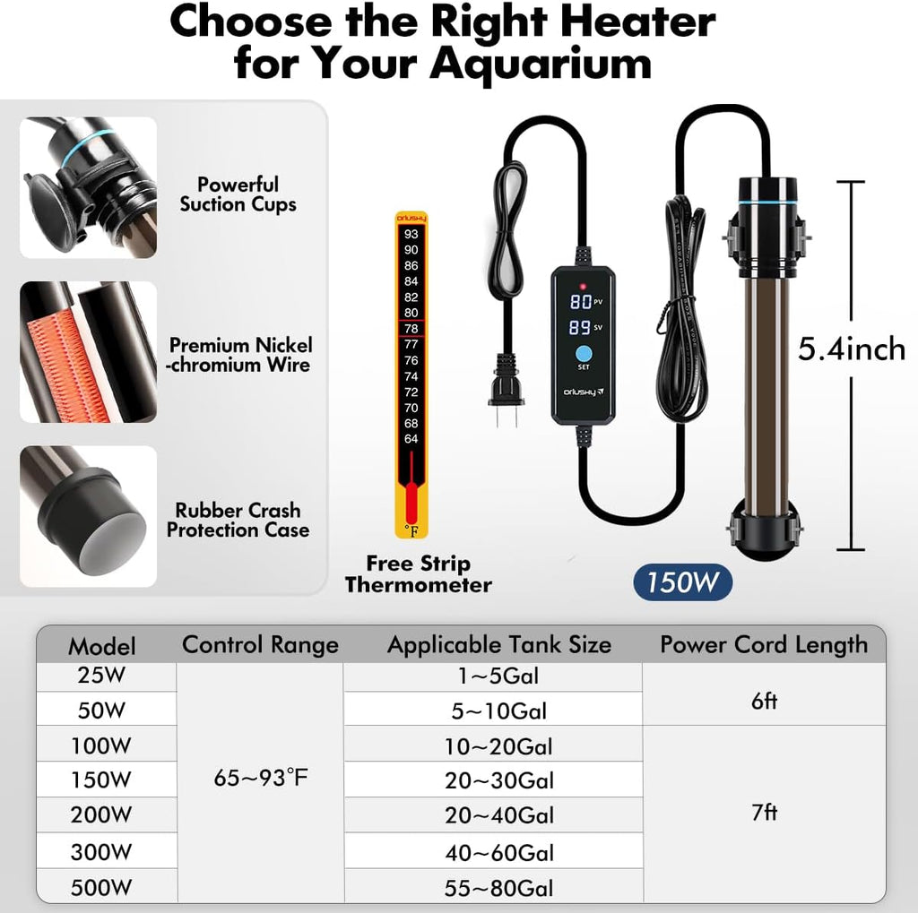 Orlushy 150W Submersible Aquarium Heater, Adjustable Fish Tank Heater with Digital Display External Controller, Overheat Protection and Free Thermometer for 20-30 Gallons Freshwater and Saltwater Tank