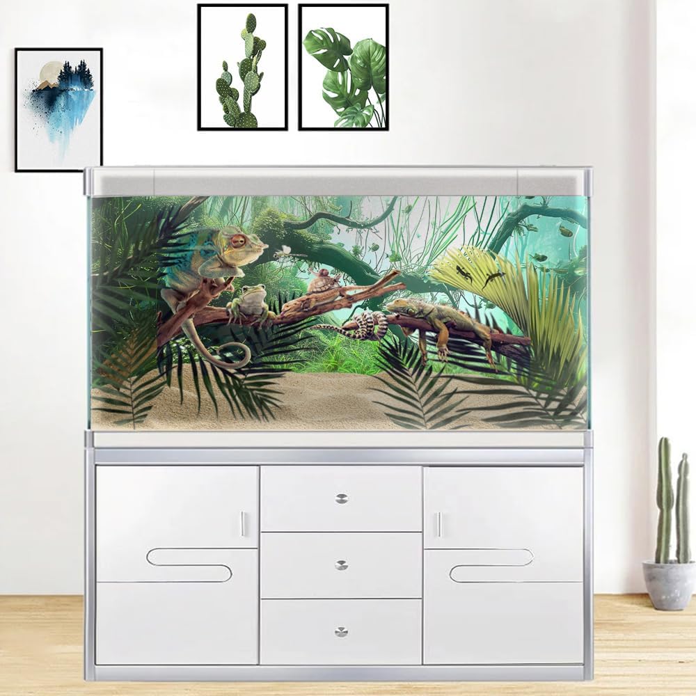 Marine Aquarium Background, Sea Rock Green Landscape Fish Tank Background, Nature Photo Terrarium Background 72X24IN with 8 EVA Double-Sided Tape