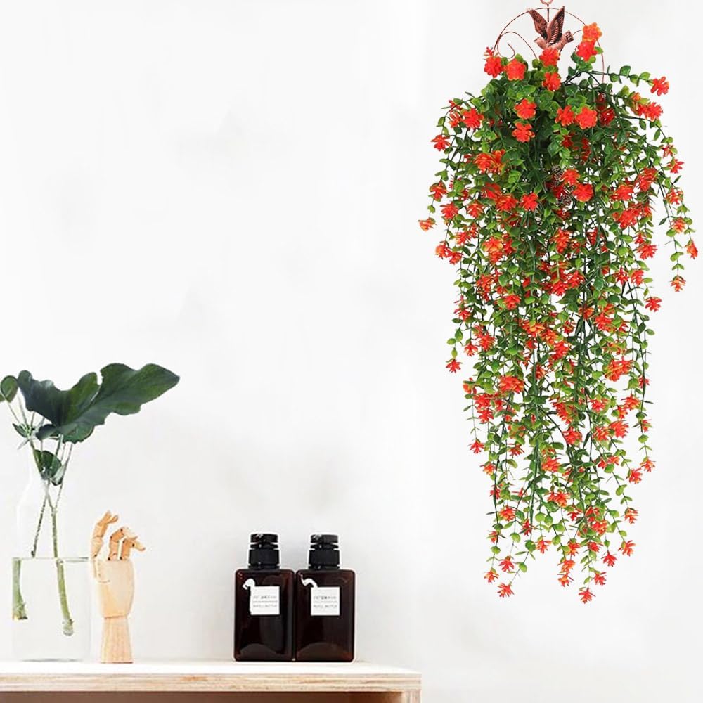 Artificial Hanging Flowers for Outdoor Indoor Decor, 6 Packs Fake Eucalyptus Vine Faux Flower Greenery Garland Plastic Plants Outside UV Resistant Wall Garden Wedding Home Party Decor (Orange)