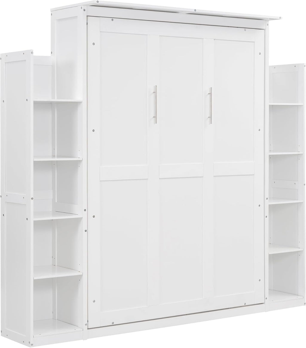 Queen Murphy Bed with Storage Shelves and LED Lights, Wood White Murphy Wall Bed Cabinet with Bookcase Bookshelf for Adults