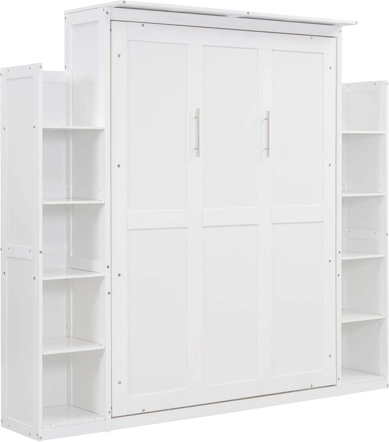 Queen Murphy Bed with Storage Shelves and LED Lights, Wood White Murphy Wall Bed Cabinet with Bookcase Bookshelf for Adults