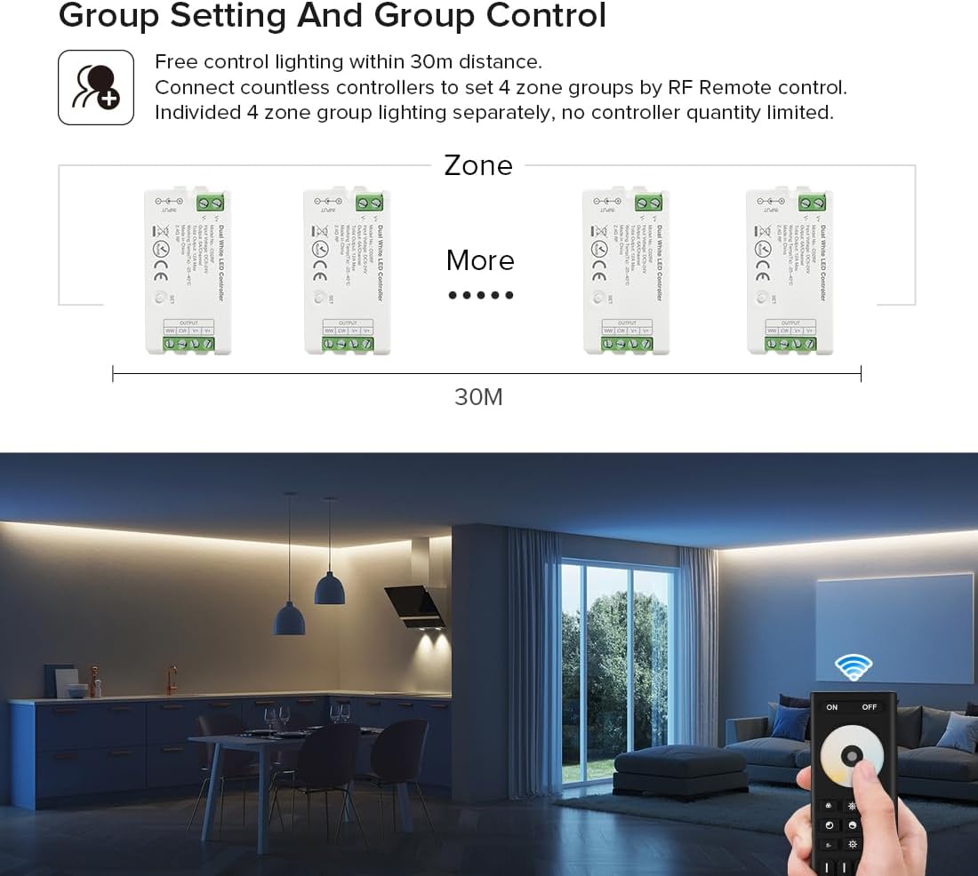 BTF-LIGHTING RF 2.4GHz Wireless Remote RC02RFB &2PCS C02RF Tuya Controller Kit 4 Zone Group Control PWM CCT(+ CW WW) 3pin 5050SMD FCOB COB Dual White LED Strip DC5V DC12V DC24V
