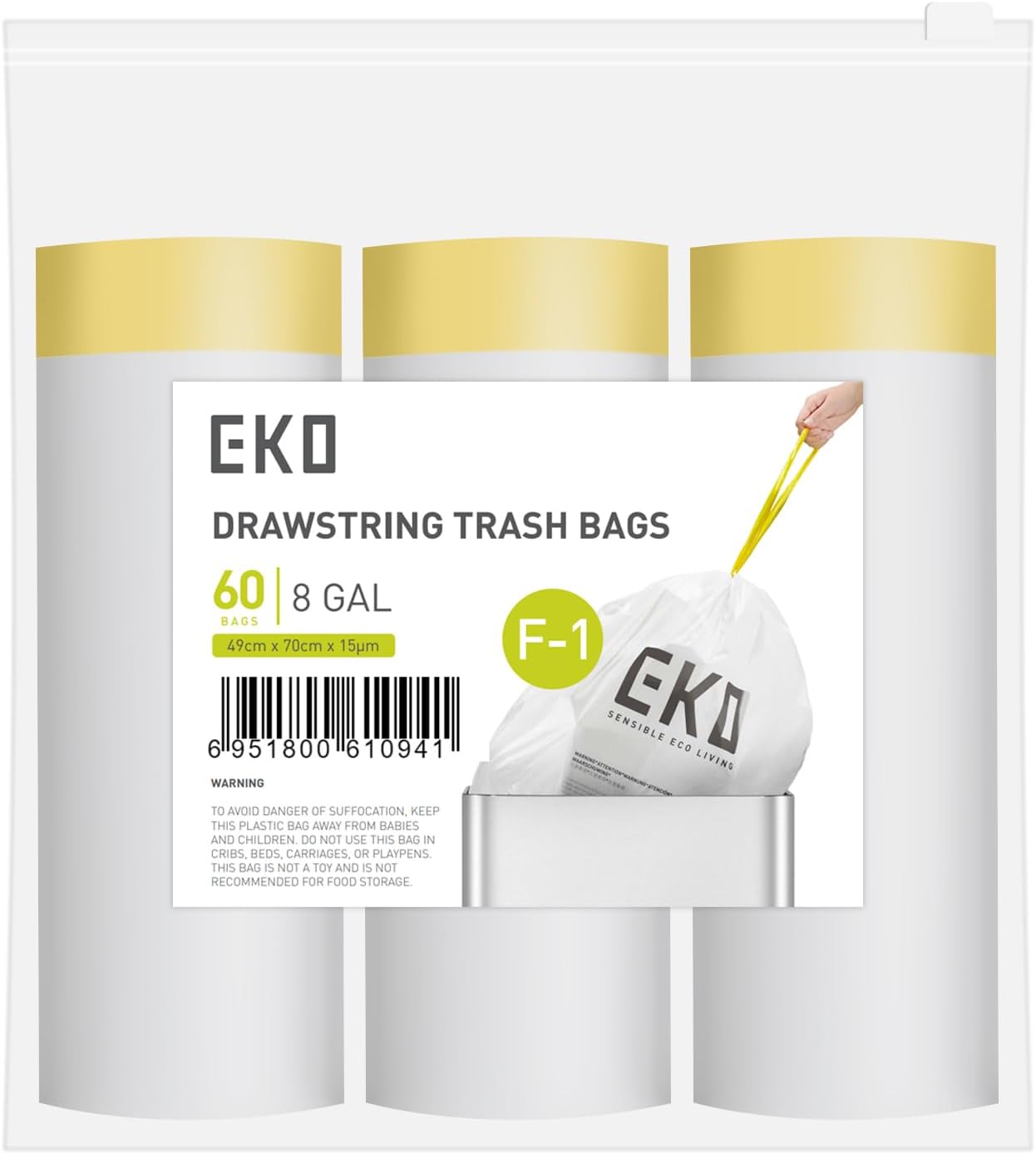 EKO 8 Gallon / 30.3 Liter, 60 Count Drawstring Trash Bags, Extra-Strong Unscented Garbage Bags, Easy-Dispense Roll for Kitchen & Household Use, Resists Tears, Leaks and Punctures, Code F-1, White