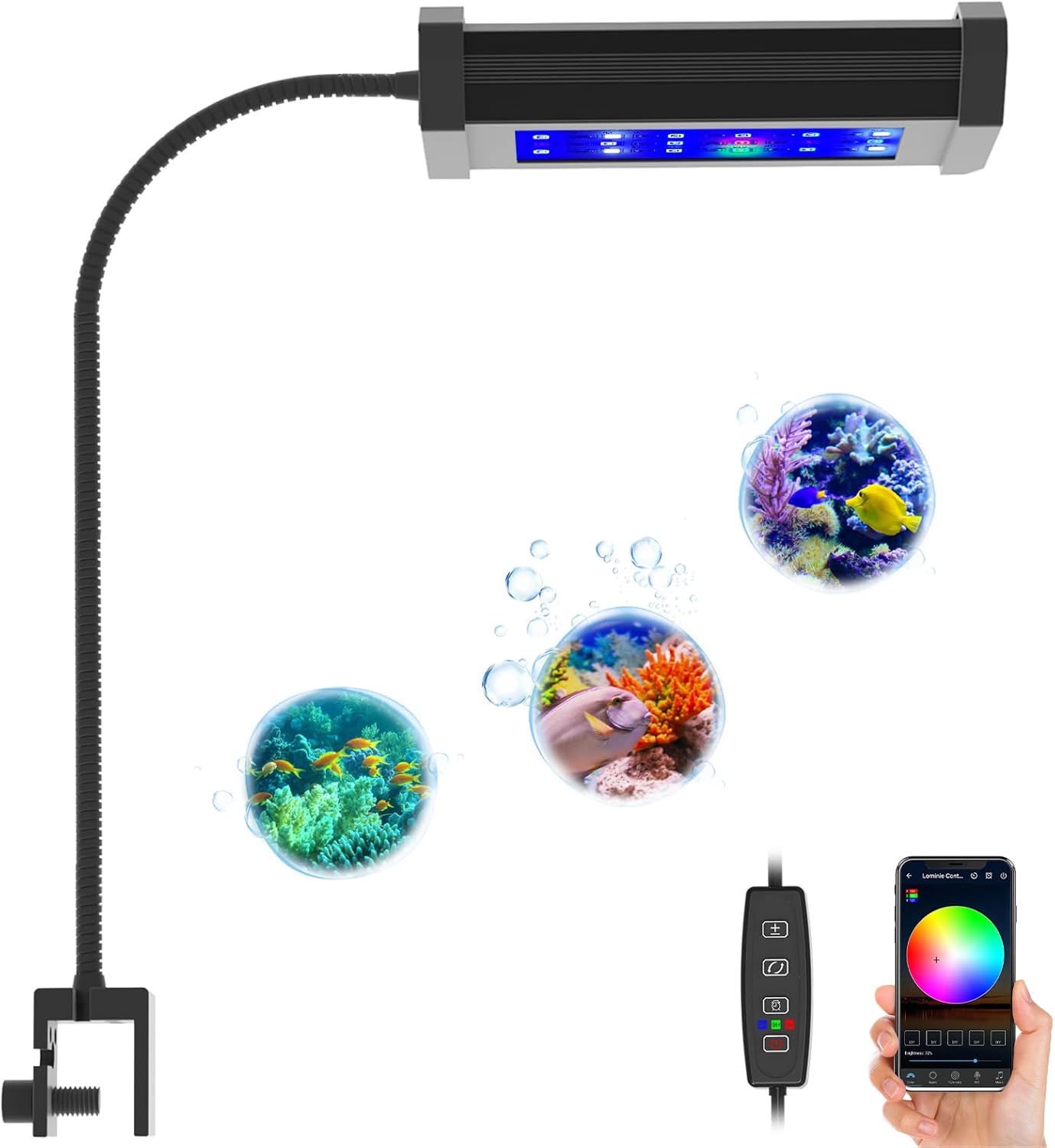 Lominie Small LED Aquarium Light Full Spectrum, 2-Channel Dimmable Fish Tank Light with Adjustable Gooseneck for Saltwater, Coral Nano Tank (Saltwater)