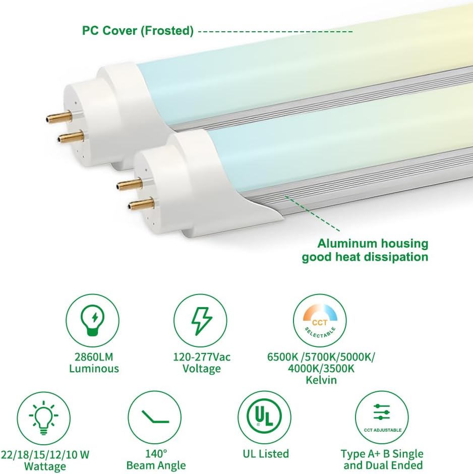 30PK T8 LED Tube Bulbs 4 Foot, Frosted 10W-22W 5 Watt Selectable 5 CCT 3500K-6500K, Type A+B Plug & Play or Ballast Bypass 4ft Fluorescent Light Bulbs Replacement, Single or Double-Ended