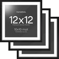 Homeforia 12x12 Black Wood Frame Matted to 10x10 Print, High End Oak 12 x 12 Square Picture Frame with Mat 10 x 10 for Photo, 12by12 Black Wooden Thin Poster Frames, Tempered Glass, Wall Kit, Set of 3