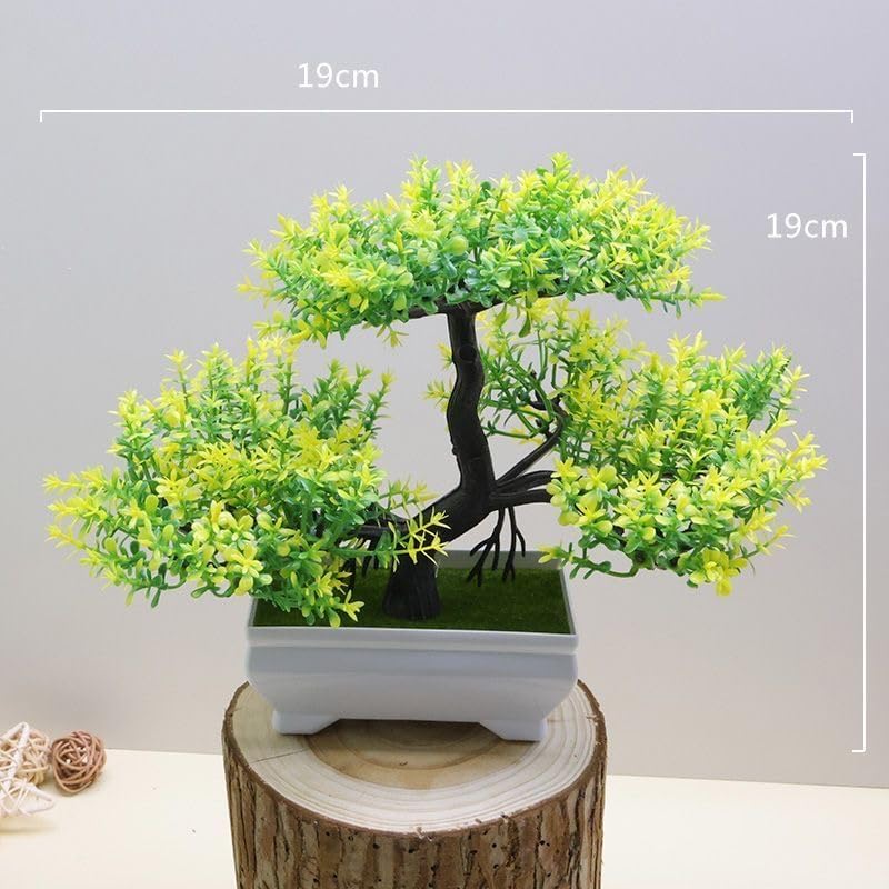 Mini Artificial Bonsai Tree Plants Artificial Plant Welcome Pine Tree with Plastic Cement Pots for Home Office Décor (Yellow)
