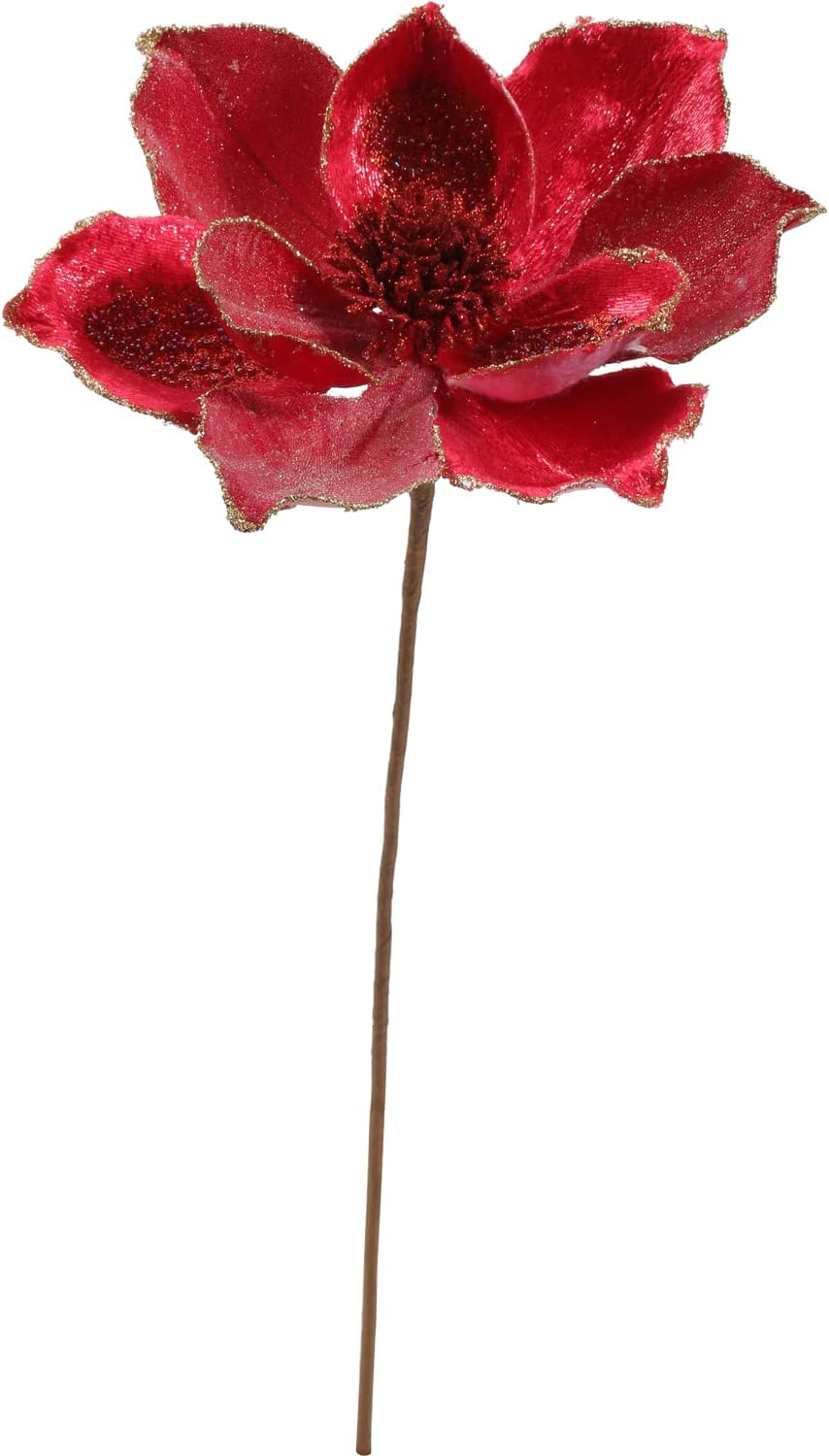 Briful 10’’ Large Heads Christmas Glitter Magnolia Flowers Christmas Tree Ornaments Set of 3 Giant Artificial Flowers with Long Stems for Xmas Tree Holiday Decorations, Red