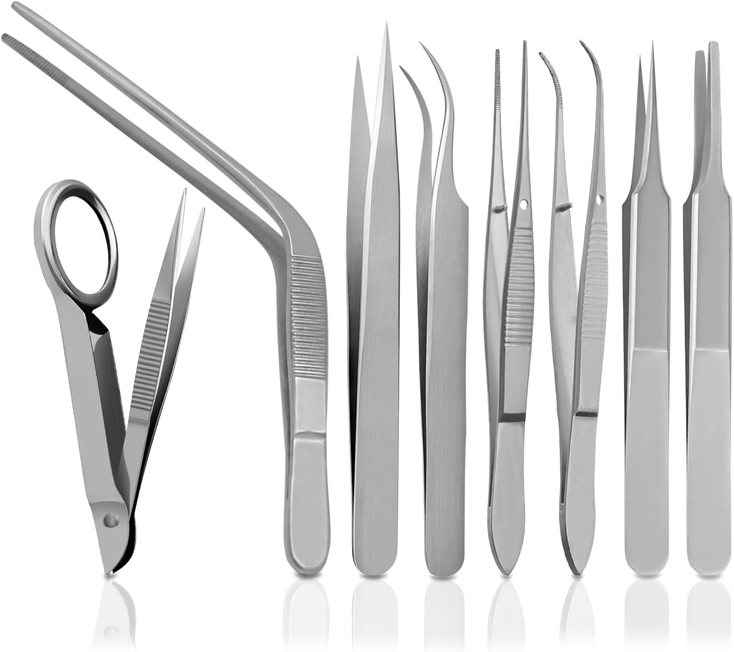 Splinter Forceps - Fine Point - Tweezers Stainless Steel Straight & Curved (Set of 8 Pcs W Magnifying Glass)