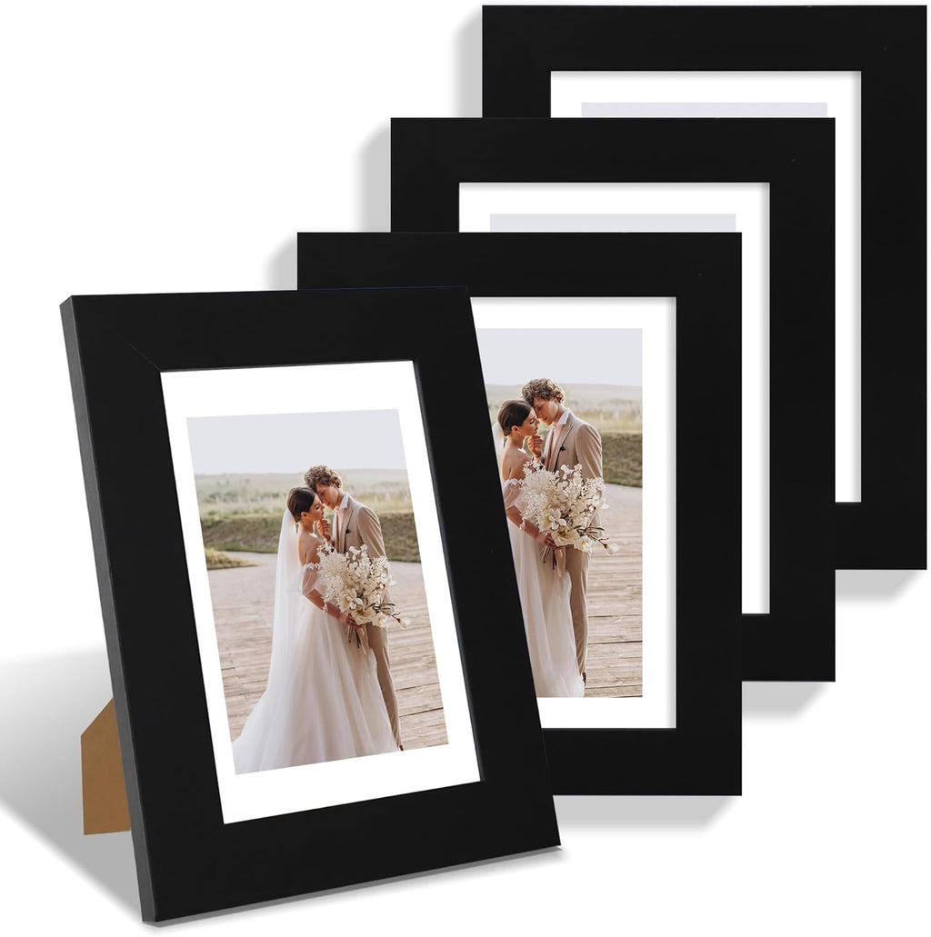 5x7 Picture Frame Set of 4, Made of Real Glass and Black Wooden Frame, 5 by 7 Photo for Wall or Tabletop - Display Picture 4x6 with Mat or 5x7 Without Mat