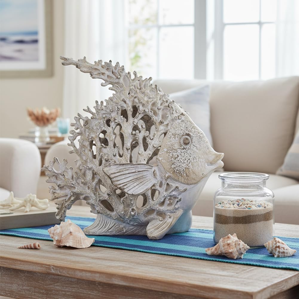 Beach Coastal Decor – 9.8in White Coral Fish Statue, Nautical Coral Reef Figurine for Living Room, Bathroom, Shelf, Desk or Coffee Table, Modern Ocean Accent & Beach House Gift