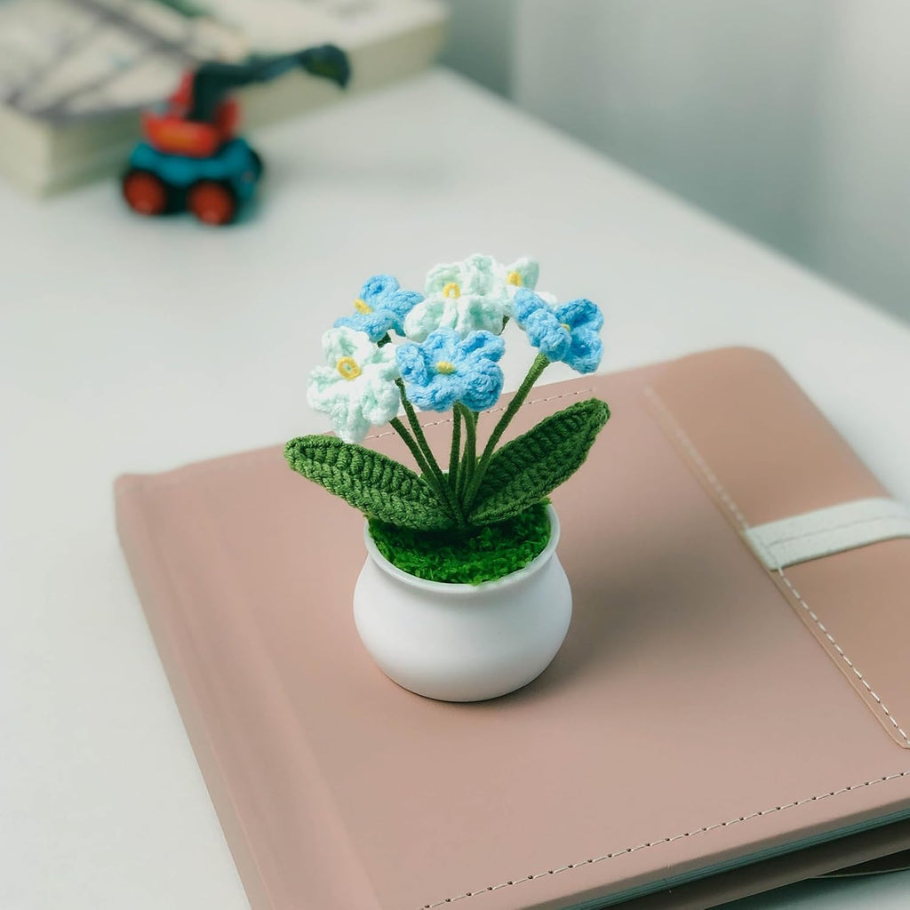 Crochet Flowers Cute Little Potted Flower, Gift for Birthday, Teacher’s Day, Graduation, Anniversary, Valentines, Decor for Car Dashboard,Home Office Decoration (Blue Gradient Myosotis)