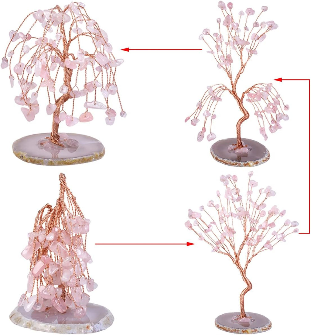 mookaitedecor Rose Quartz Crystal Tree Tumbled Stones, Geode Agate Slices Base Money Tree Decoration for Wealth and Luck 5.7"-6.7"