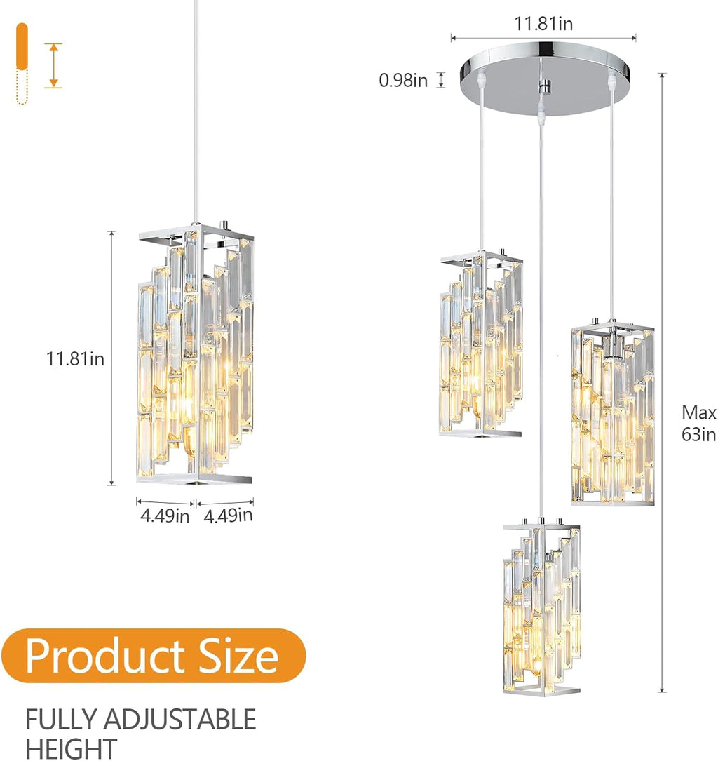 Chrome Pendant Lighting Modern Pendant Light, Mini Crystal Chandeliers,Adjustable Pendant Light Fixture for Kitchen Island Dinning Room Bedroom (3 Light)