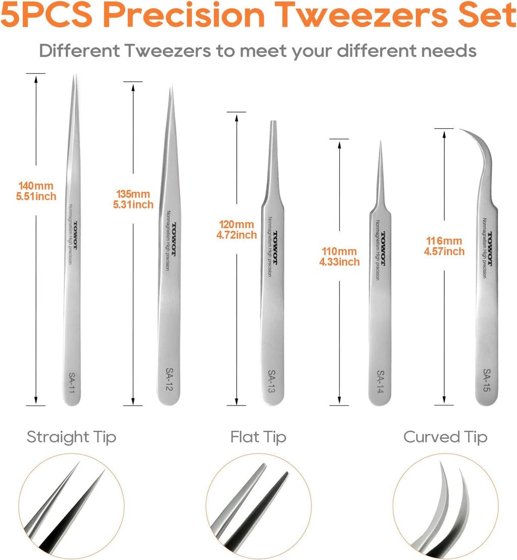Precision Tweezers, Stainless Steel Pointed Tweezers for Craft, Electronics, Soldering, Experimental Work, Jewelry-Making, Industrial Tweezers, by TOWOT