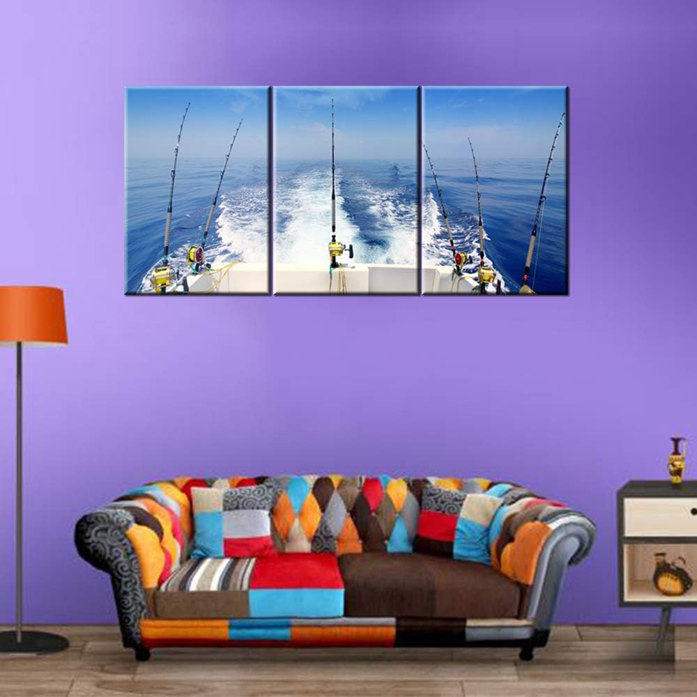 Angling Art Work for Home Walls Fishing Tackle Pictures Reel and Rod Paintings Seascape Big Wave Wall Art 3 Pieces Printed on Canvas Framed Gallery-Wrapped Ready to Hang in Living Room(42''Wx20''H)