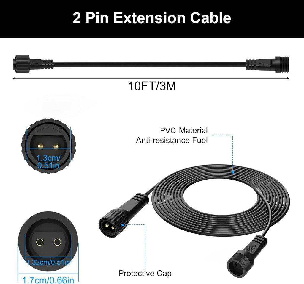 2Pin Extension Cable 10FT, IP68 Waterproof Extension Lead 16AWG Extension Cord for Outdoor Solar String Lights, Indoor String Lights - 1Pack