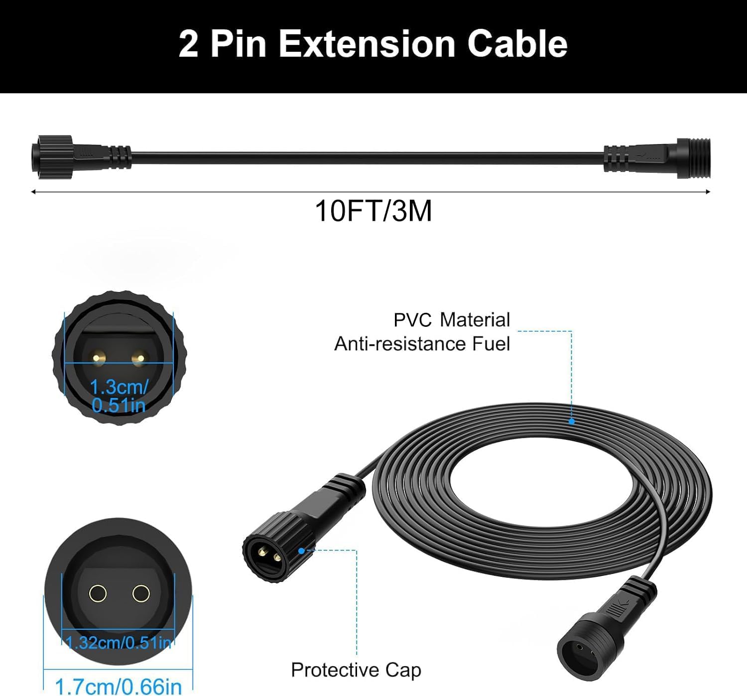 2Pin Extension Cable 10FT, IP68 Waterproof Extension Lead 16AWG Extension Cord for Outdoor Solar String Lights, Indoor String Lights - 2Pack