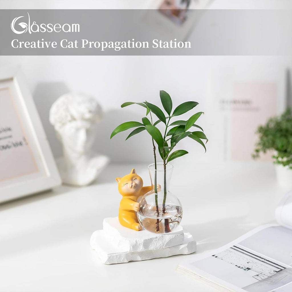 Plant Propagation Stations with Cat Statue: Glasseam Propagation Vases for Plants - Creative Animal Hydroponic Terrarium for Home Decor - Fun Propagation Jars Gifts for Women Plant Lovers Cat Parents