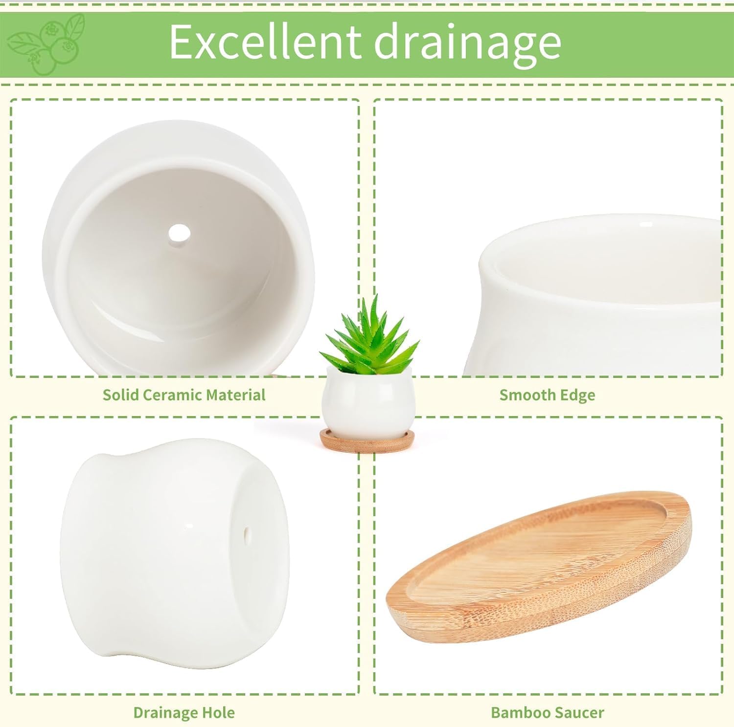 2 Pack Succulent Pots, 2.5 Inch Mini Ceramic Pots for Flower or Cactus Plants with Drainage Hole,Plants Not Included (White)