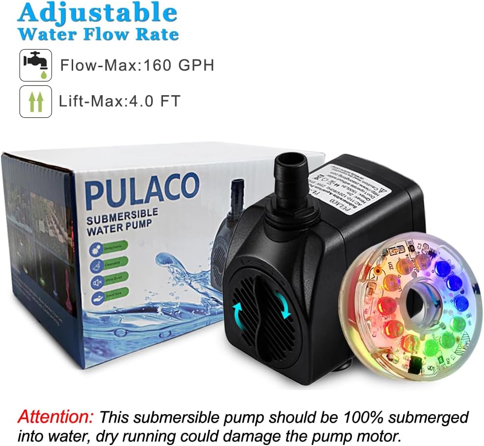 PULACO 160GPH Small Fountain Pump, 10Watt Submersible Pump with Automatic Color Changing LED Light and 3.3 ft Tubing for Water Feature, Outdoor Pond, Aquarium fish tanks