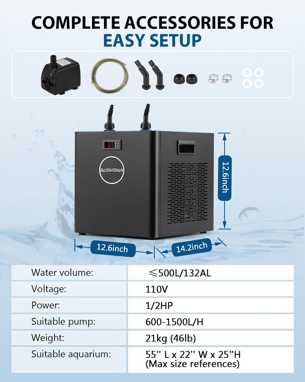BAOSHISHAN Aquarium Chiller 132gal, 1/2HP Water Cooler, Quiet Design Refrigeration Compressor for Hydroponics, Axolotl, Coral Reef, Fresh & Salt Fish Tank (132gal/500L)