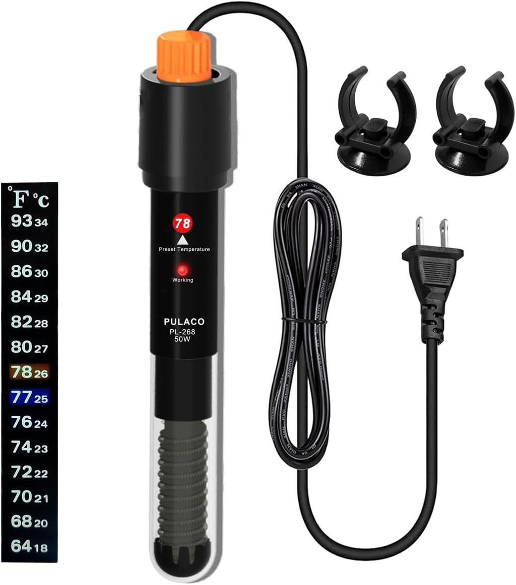 PULACO 50Watt Aquarium Heater for 5-10 Gallon Fish Tank, Adjustable Submersible Heater Thermostat with Thermometer Strip and Suction Cup