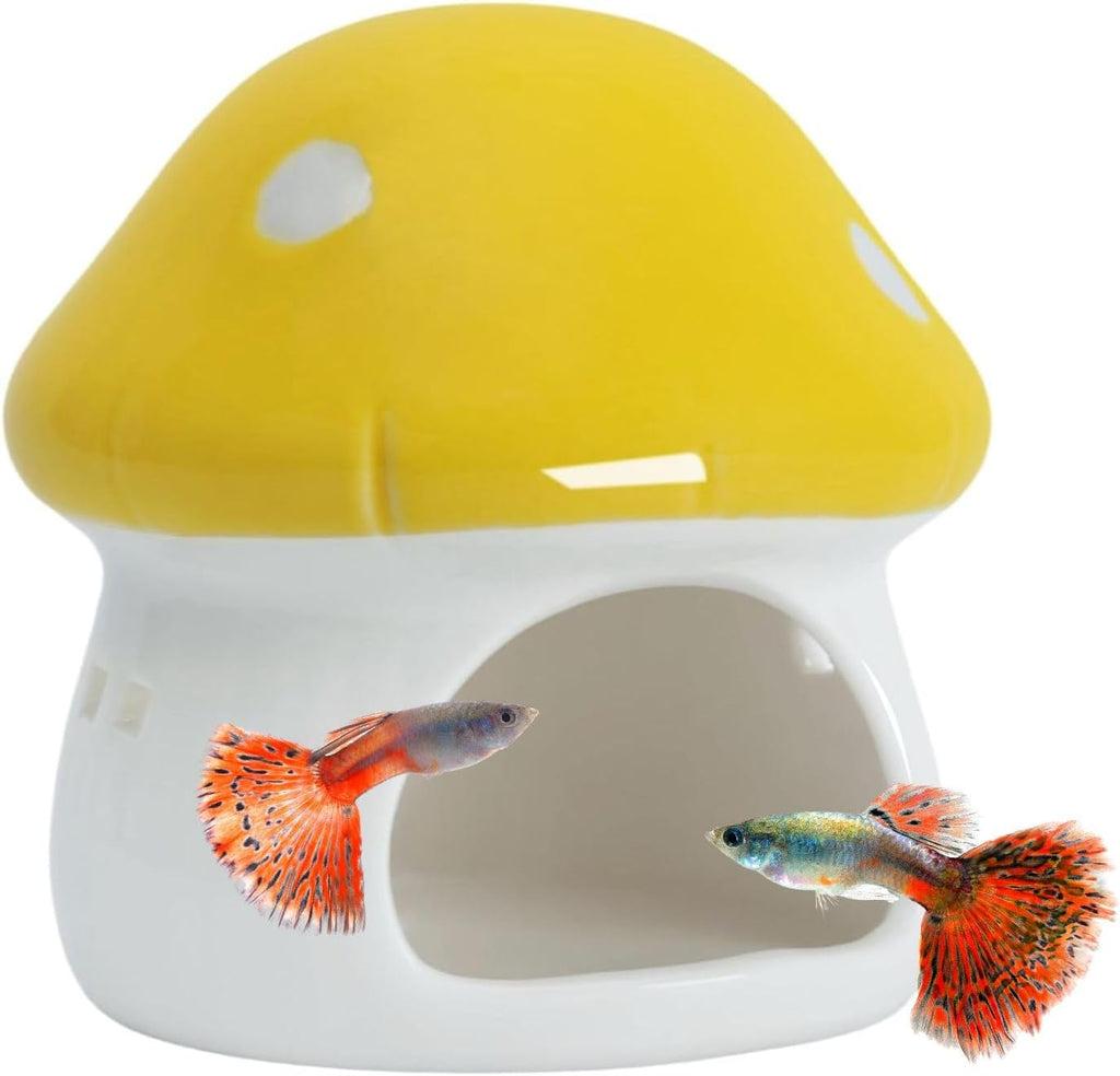 Mushroom Fish Tank Decor, Ceramics Aquarium Shrimp Cave, Betta Hideout Decoration, Cottage Ornament Goldfishes Pleco Cave for Fish Tank Landscape Hideaway Spawning Decor - Yellow