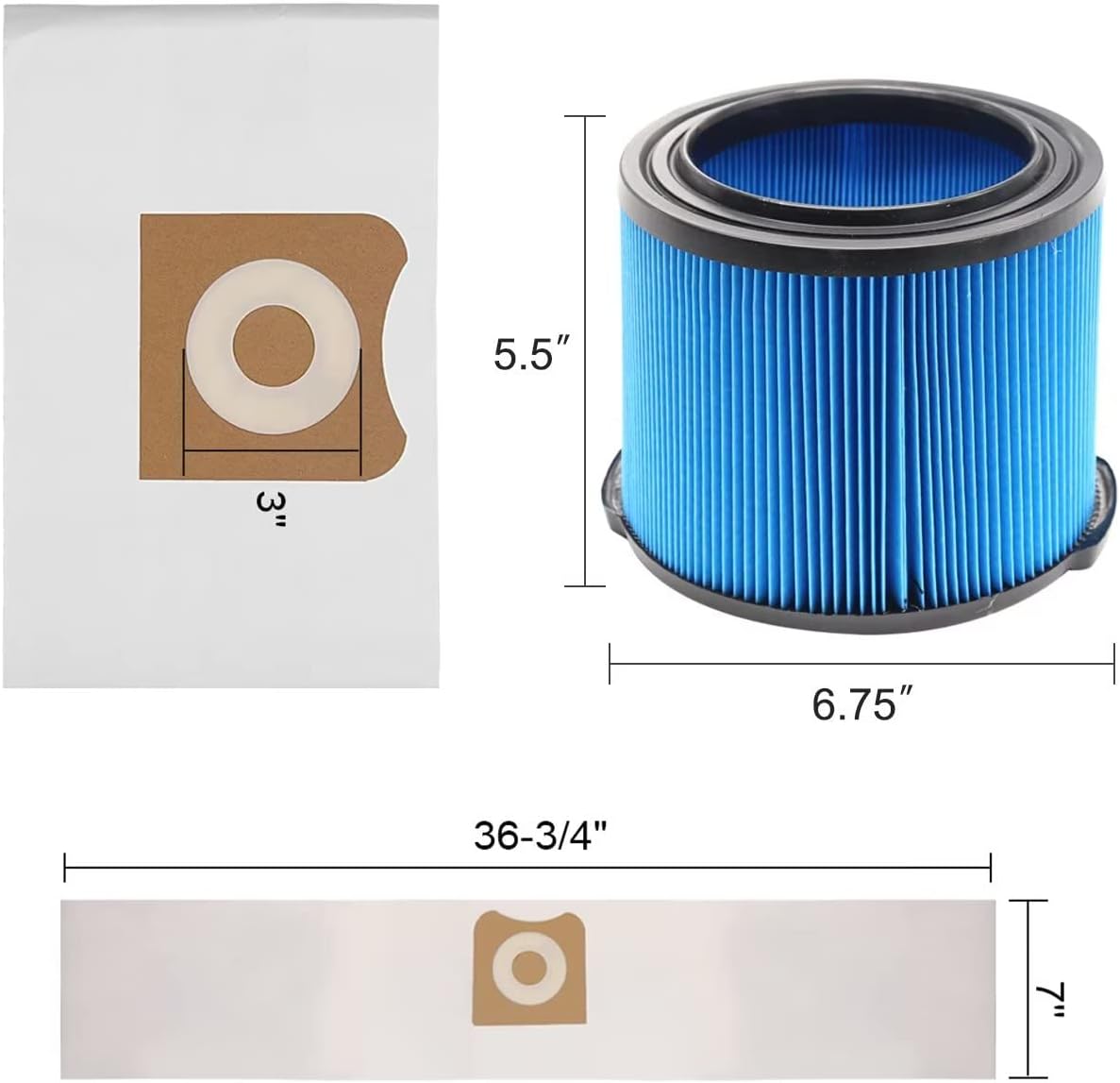 2 Pack VF3500 Filter Replacement for Ridgid Portable Vac 3-4.5 Gallon Wet Dry Vacuums + 4 Pack VF3501 Filter Bags (6 Pack)