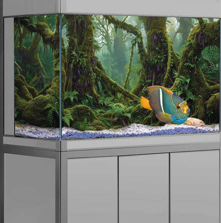 Tropical Forest Aquarium Background, Green Huge Tree Reptile Habitat Rainforest Terrarium Background, 6 EVA Double-Sided Tapes 36x18 inches/90x45