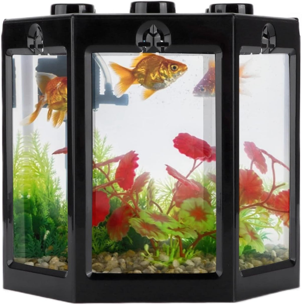 Zerodis Betta Aquarium Starter Kits, Small Aquarium Fish No Clean Corners Crystal-Clear for Fish-Loving Kids Betta Lovers for Home Office Decoration(Black)
