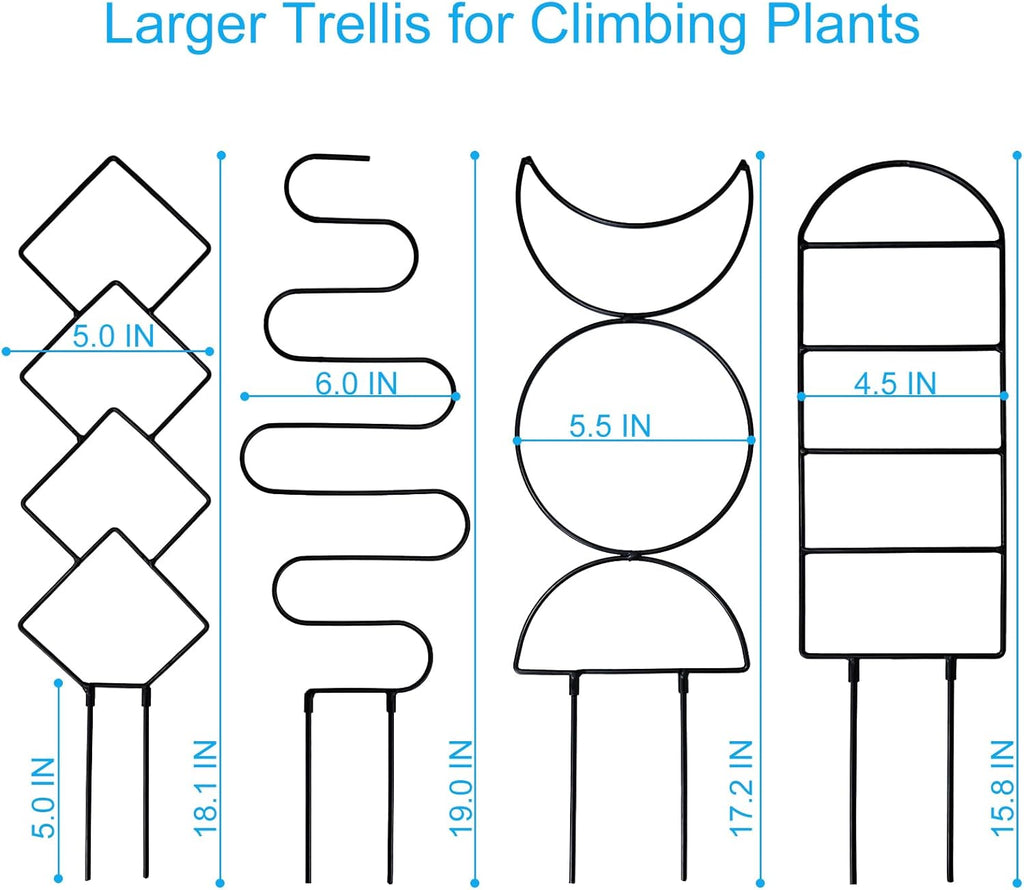 4 Packs 19 in Heighten Trellis for Climbing Plants Indoor, HENABLE Small Garden Metal Trellis for Potted Plants Outdoor for Vine Ivy Flower Plant Support, 4 Different Black Iron Patterns