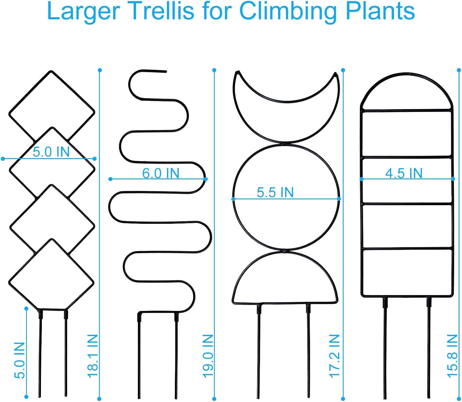 4 Packs 19 in Heighten Trellis for Climbing Plants Indoor, HENABLE Small Garden Metal Trellis for Potted Plants Outdoor for Vine Ivy Flower Plant Support, 4 Different Black Iron Patterns