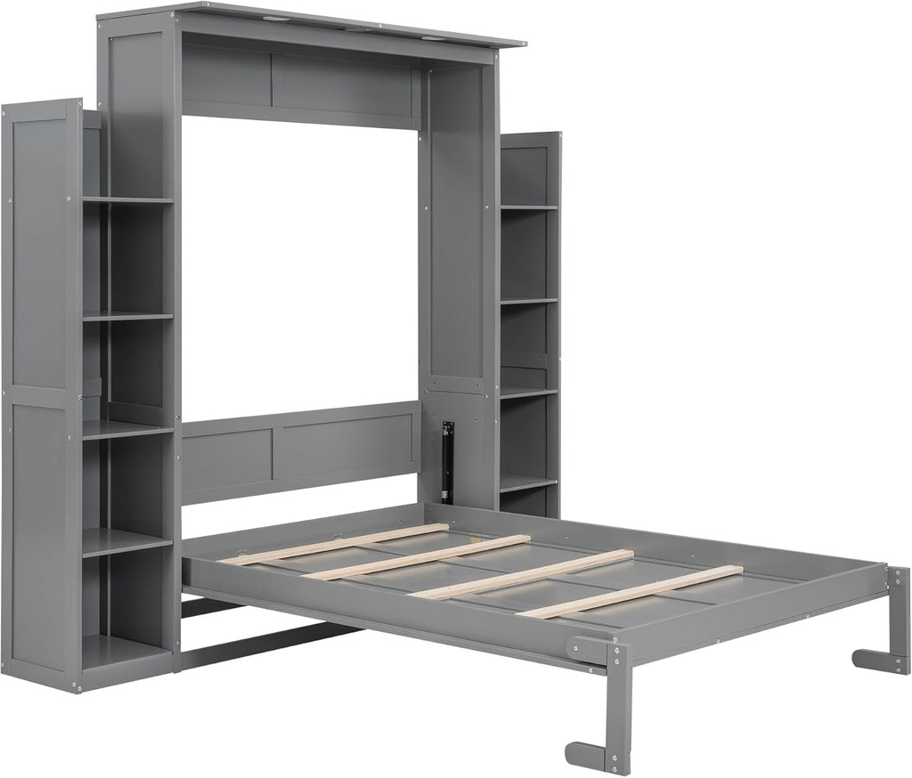 MERITLINE Full Murphy Bed Kit with Storage 8 Shelves and LED Lights, Wood Murphy Bed Cabinet Murphy Bed in a Cabinet Grey Murphy Wall Bed Units Full Size, LP00069