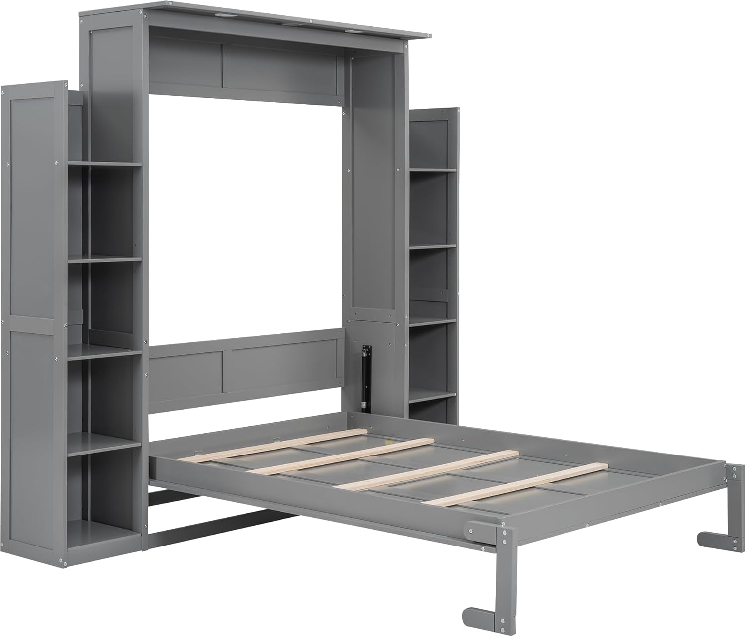 MERITLINE Full Murphy Bed Kit with Storage 8 Shelves and LED Lights, Wood Murphy Bed Cabinet Murphy Bed in a Cabinet Grey Murphy Wall Bed Units Full Size, LP00069