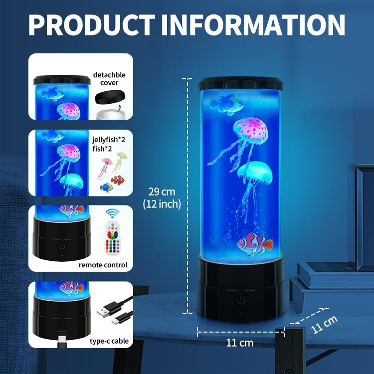 Jellyfish Lamp 12"-Black Minimalist Cylinder Table Lamp with 2 Large Jellyfish & 2 Fish,16 Color Changing LED,USB Powered,Remote Control,Jellyfish Light Lamp for Bedroom,Home Decor