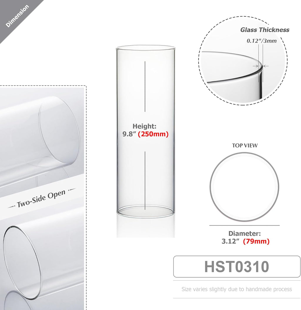 WGVI Hurricane Candle Holder Sleeve, Wide 3", Height 10", Clear Glass Cylinder Candleholder, Chimney Tube, Open Ended Candle Shade, 6 Pieces Bulk