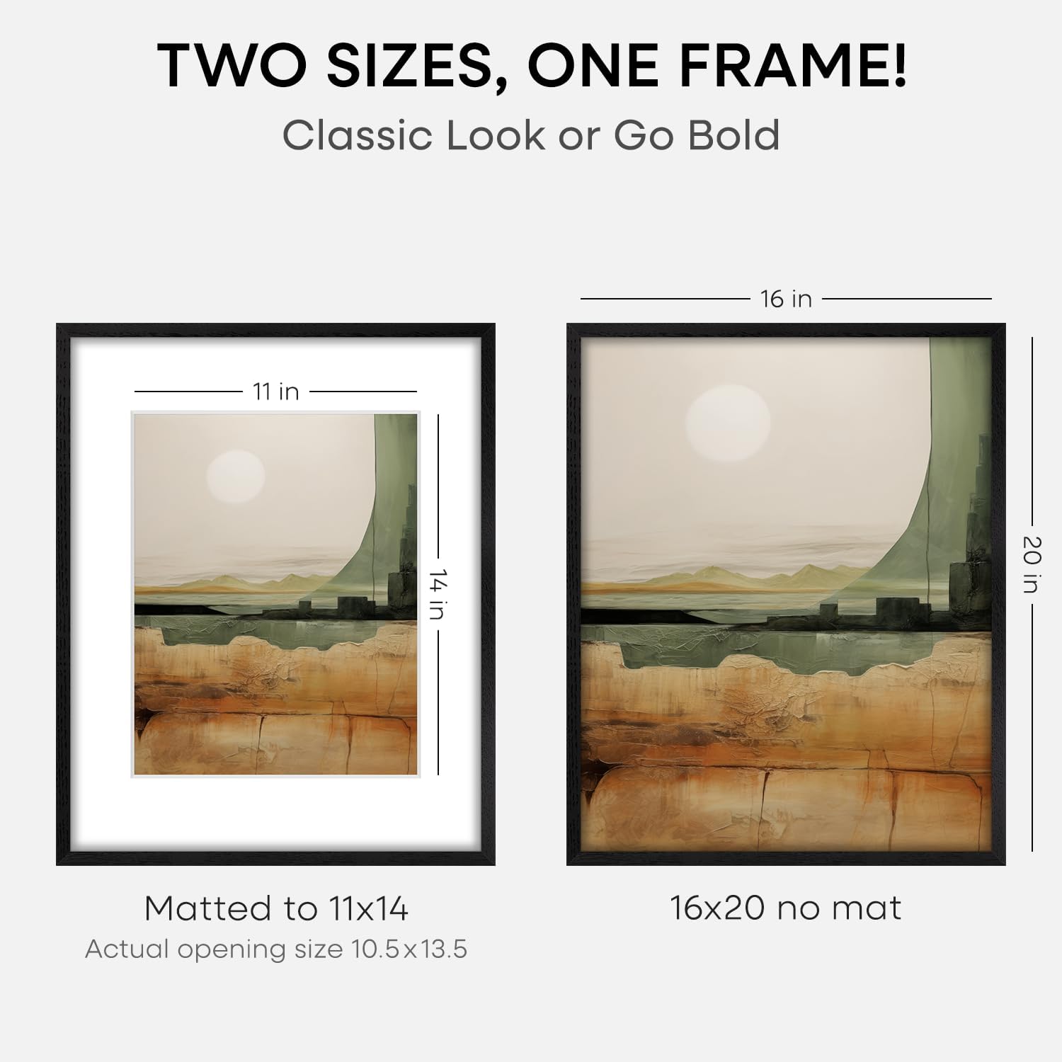 Homeforia 16x20 Black Wood Frame, High End Oak 16x20 Picture Frames with Mat 11x14 Photo, 16 x 20 Wooden Poster Frame Matted to 11 by 14 Print, 20x16 Hanging Frames, Tempered Glass, Wall Kit, Set of 2