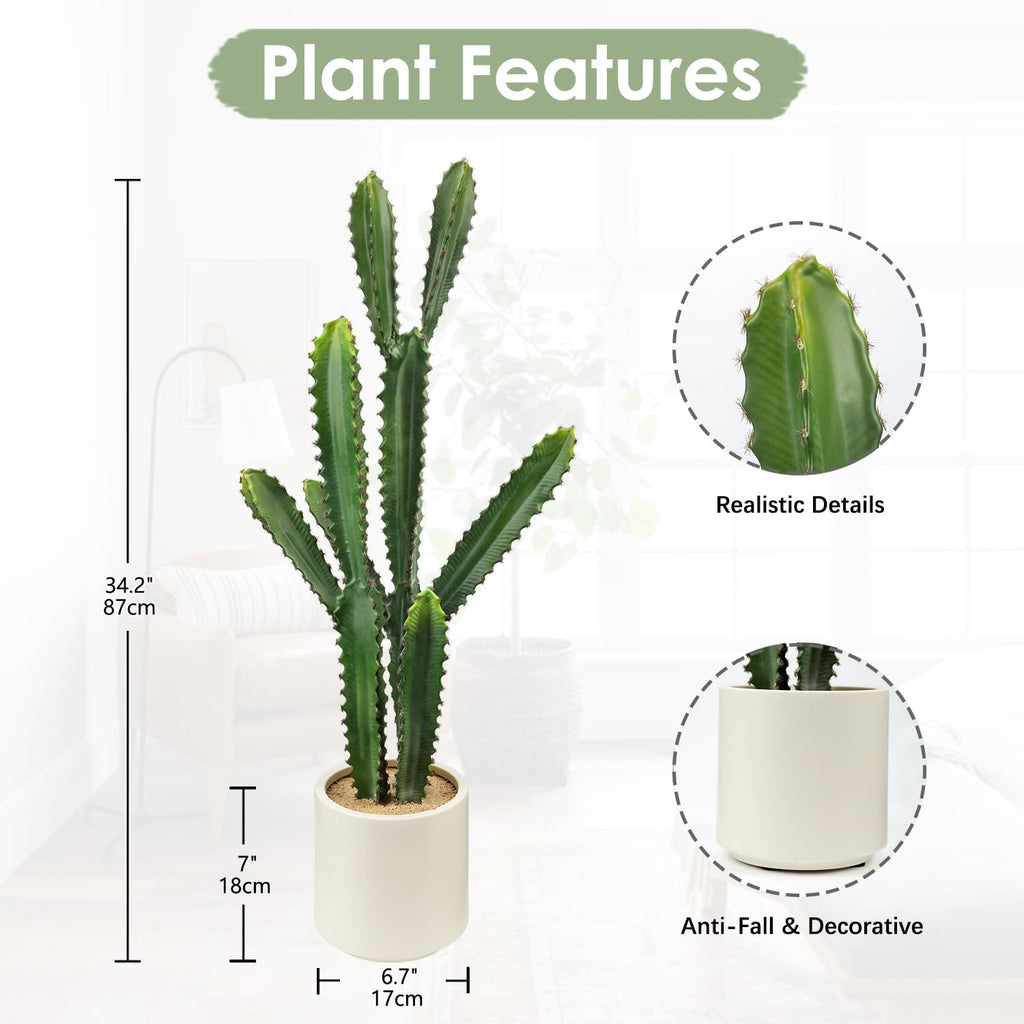 DILATATA 32.5" Tall Fake Cactus Plant Decorative Potted 'Euphorbia Accruensis' - Large Artificial Cactus for Home, Garden, Office Decor - Housewarming Gifts