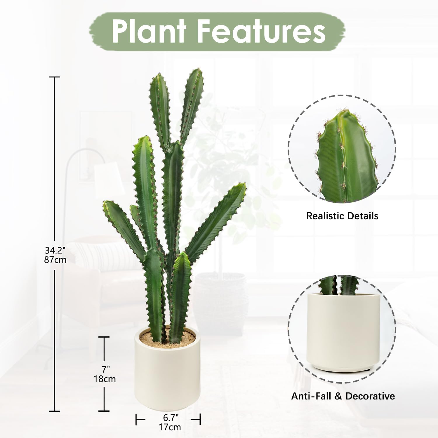 DILATATA 32.5" Tall Fake Cactus Plant Decorative Potted 'Euphorbia Accruensis' - Large Artificial Cactus for Home, Garden, Office Decor - Housewarming Gifts