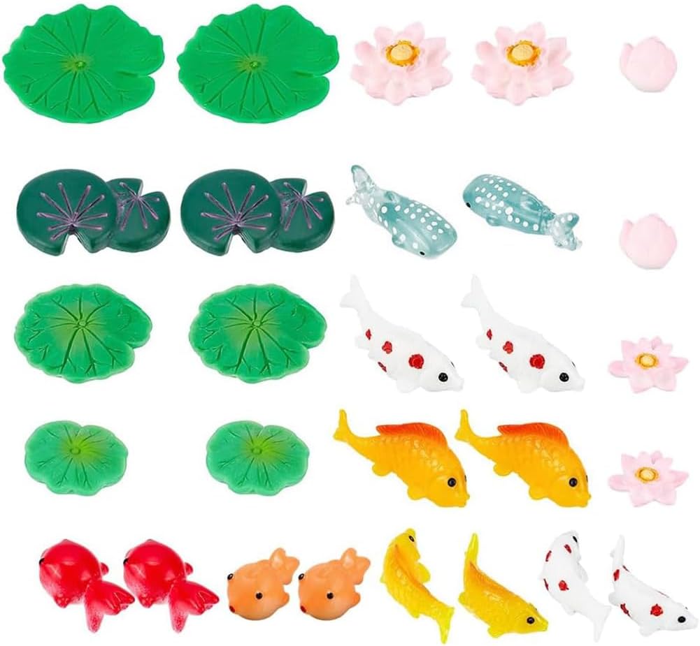 CHGCRAFT 28Pcs 14 Style Miniature Resin Water Lily Pads Aquarium Fish Tank Decoration Leaf-Realistic Artificial Floating Lotus Flowers for Terrariums Fairy Garden Pool Patio Pond Wedding Decor