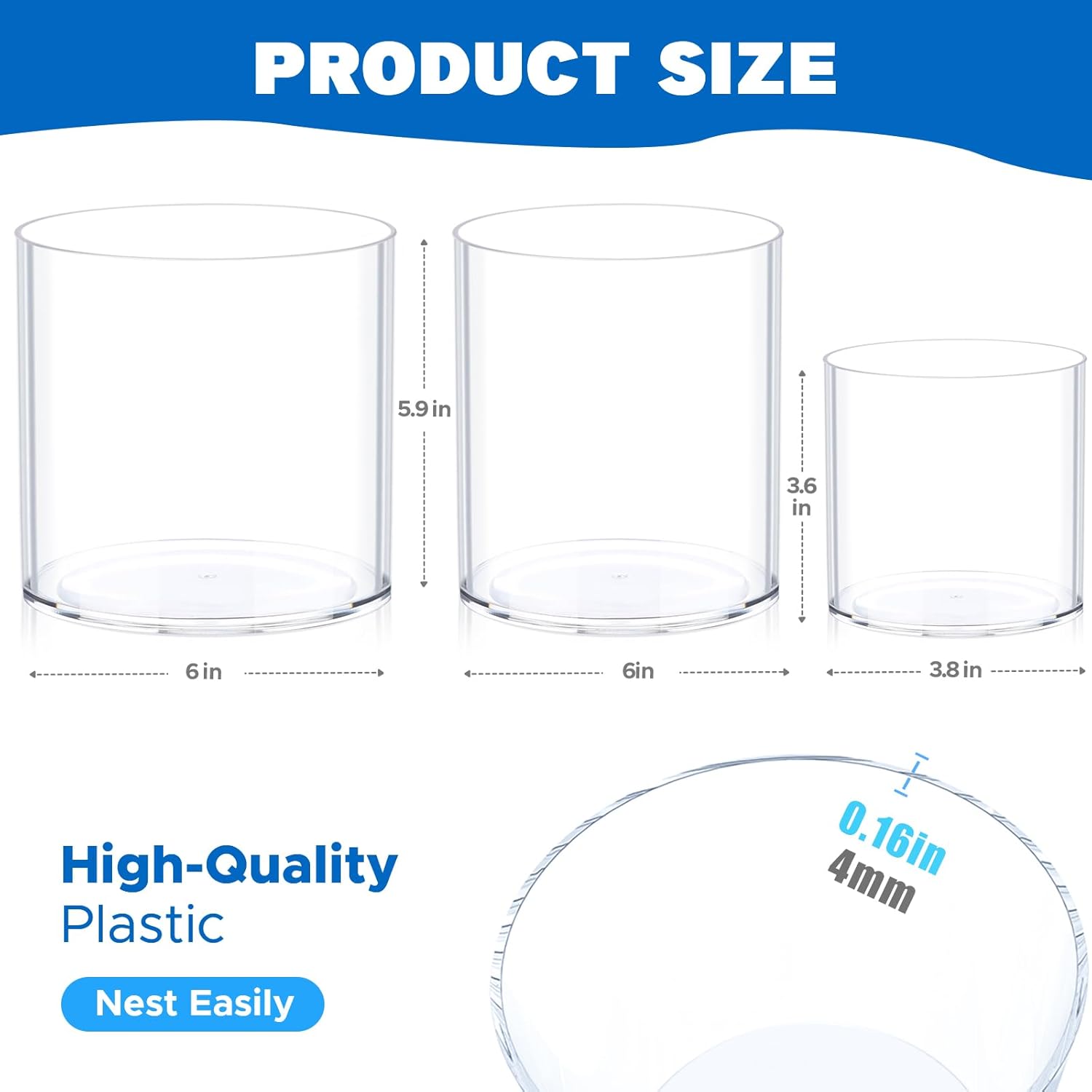 JYPS Clear Vase Set of 3, Polycarbonate, Round, Transparent, Wide Mouth, 6 inches, Ideal for Wedding Decor, Flowers, Bedroom, Living Room, Bathroom, Break Resistant