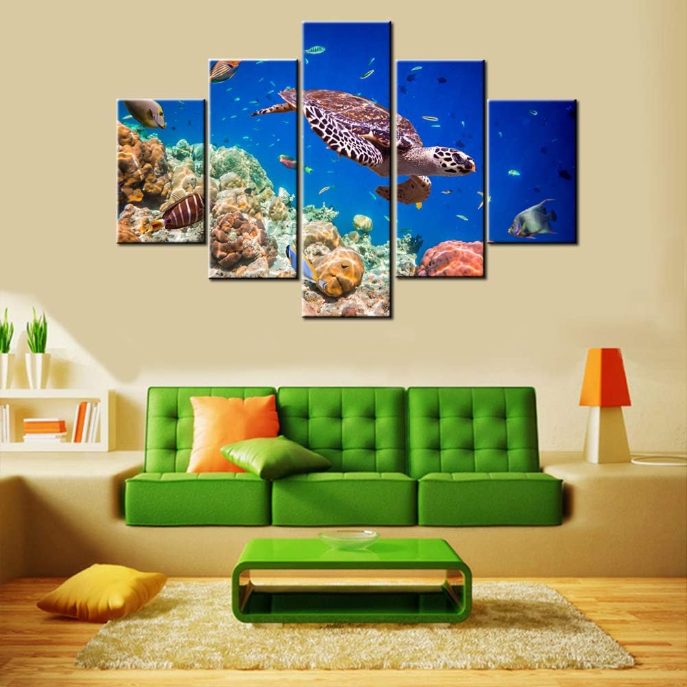 Artwork for Walls Turtle and Tropical Fishes Wall Art Seaview Pictures for Living Room 5 Piece Printed on Canvas Blue Paintings Modern Home Decor Framed Gallery-Wrapped Ready to Hang(60''Wx40''H)