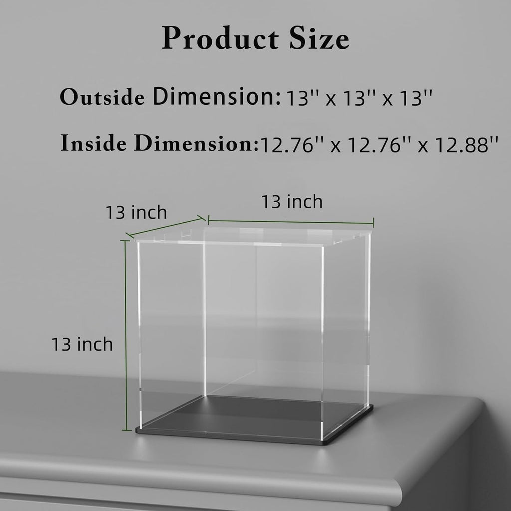 Acrylic Box with Matt Black Base, Simple Self-Assembly Clear Acrylic Display Case, 13x13x13 inch Showcase with Lid for Collections, Figures and Dolls
