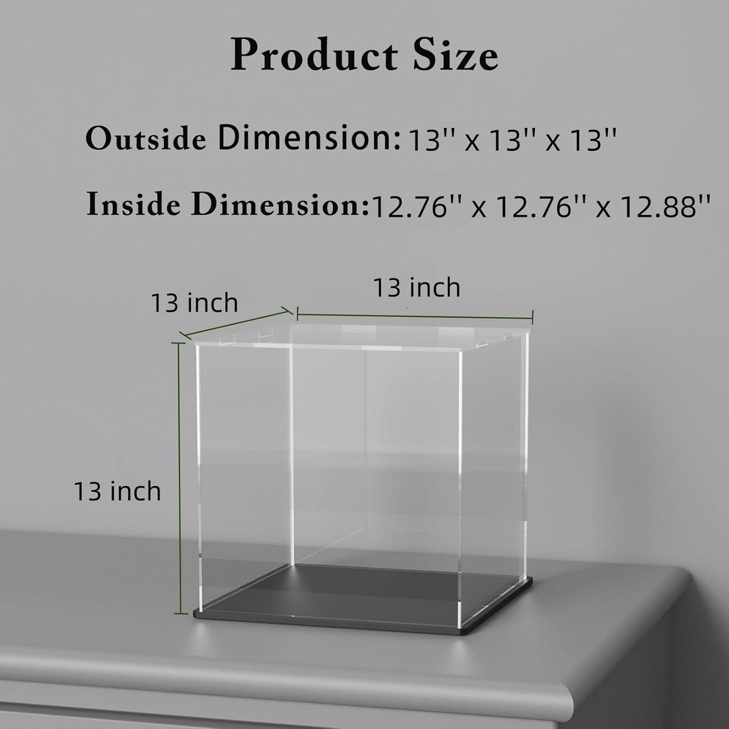 Acrylic Box with Matt Black Base, Simple Self-Assembly Clear Acrylic Display Case, 13x13x13 inch Showcase with Lid for Collections, Figures and Dolls